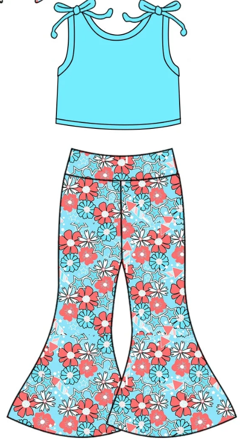 ( Moq 5 Each Style ) Baby Girl Summer Flower Blue Sibling Romper Set 4.24