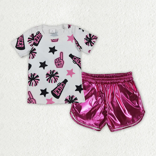 Baby Girl Short Sleeveless Black Purple Cheer Shirt Pockets Leather Shorts Set RTS