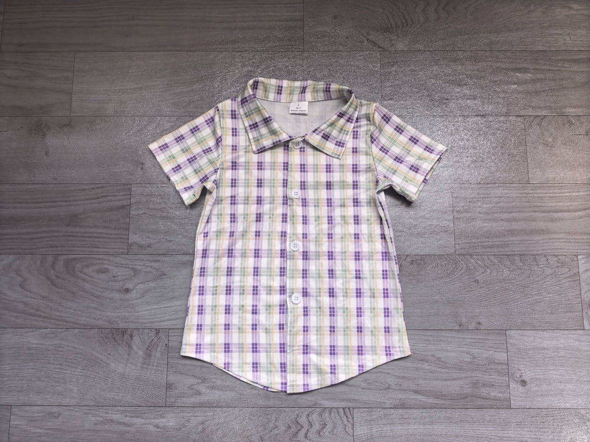 ( No moq ) Preorder Baby Boys Kids Short Sleeves Plaid Buttons Mardi Gras Shirt Tops Clothes