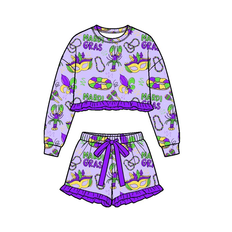 ( Moq 5 ) Preorder Baby Girls Kids Tractors Masks Crayfish Shirt Shorts Set Mardi Gras Clothes