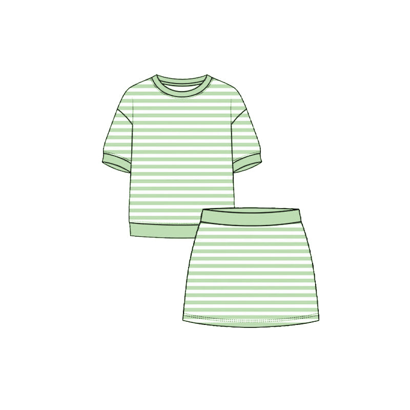( Moq 5 ) Preorder Baby Girls Kids Short Sleeves Shirt Green Stripes Skirt Shorts Set Yoga Active Clothes