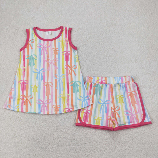 Baby Girl Sleeveless Colorful Stripes Bows Shirt Shorts Set RTS