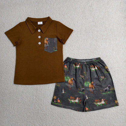 Sibling Baby Boys Kids Short Sleeves Ducks Dogs Buttons Romper Set Hunting Clothes RTS