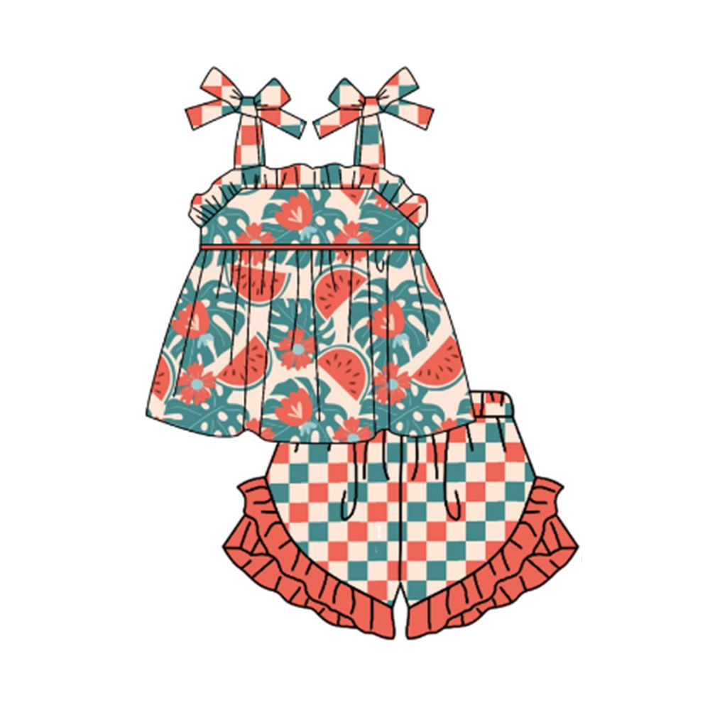 Moq 3 Pre-order GSSO0571 Baby Girl Watermelon Tops Plaid Ruffle Shorts Set