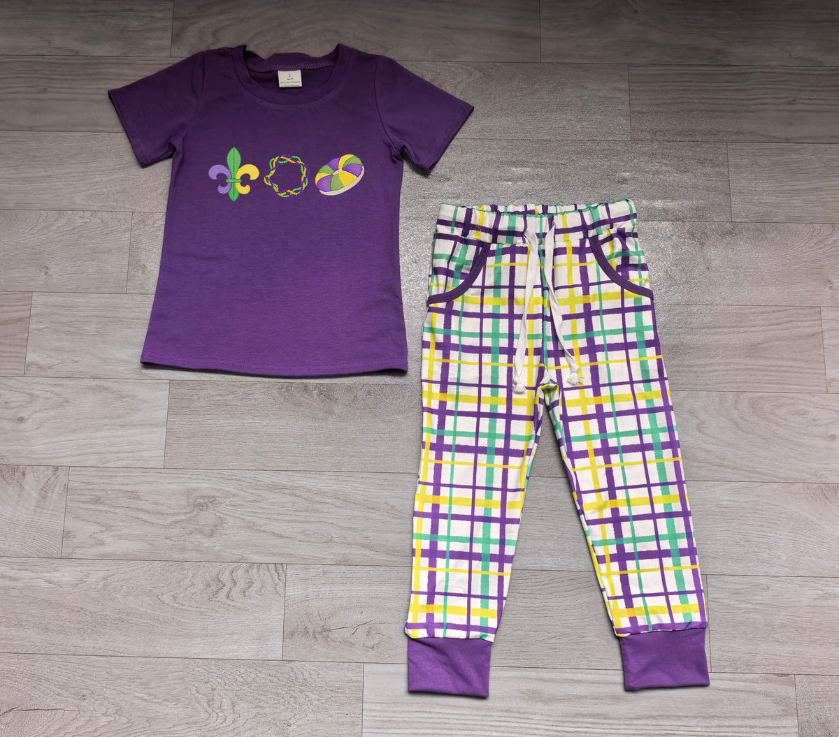 ( No moq ) Preorder Baby Boys Kids Embroidery Purple Shirt Plaid Pockets Pants Mardi Gras Set Clothes