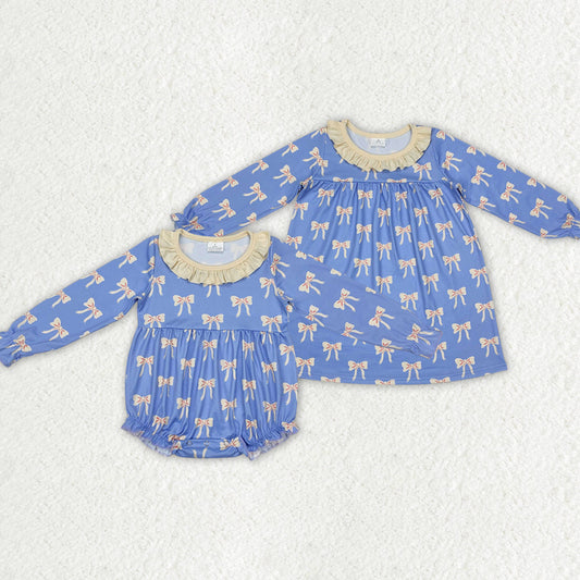 Baby Girl Kids Long Sleeves Bows Sibling Blue Romper Dress Clothing RTS