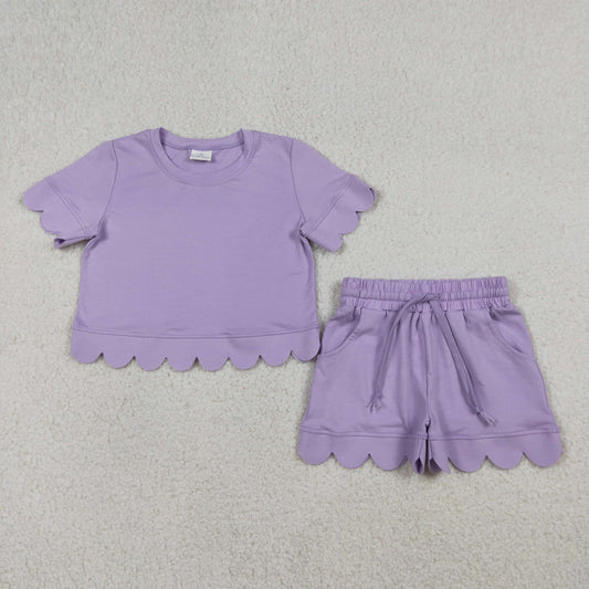 Baby Girls Short Sleeves Purple Shirt Scallop Shorts Summer Clothes Set RTS