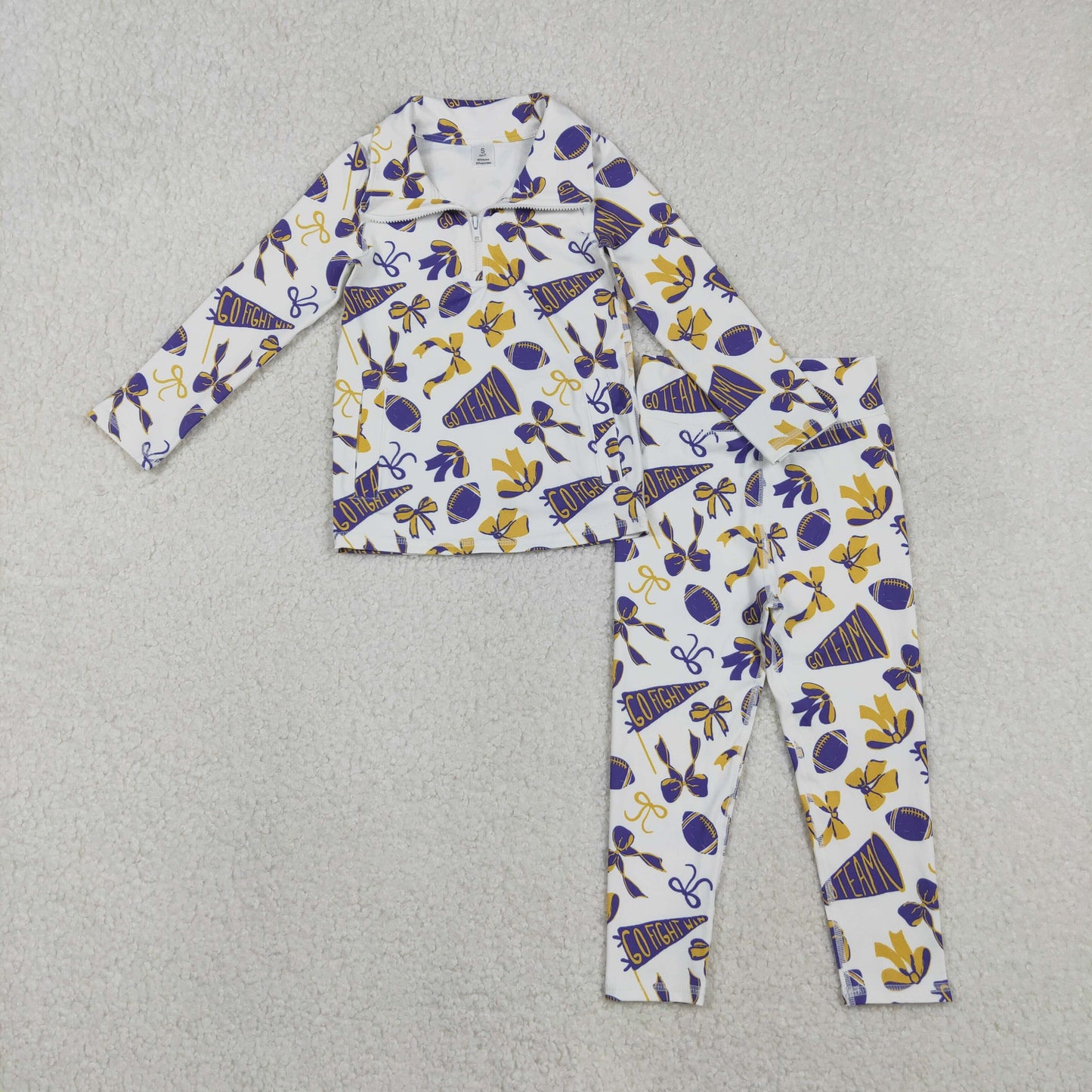 Kids Girls Bows Pockets Zipper Shirt Pants Yoga Football Cheer Purple Set RTS