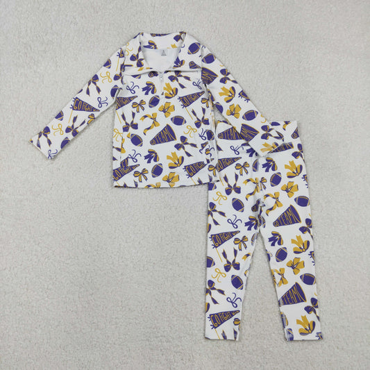 Kids Girls Bows Pockets Zipper Shirt Pants Yoga Football Cheer Purple Set RTS