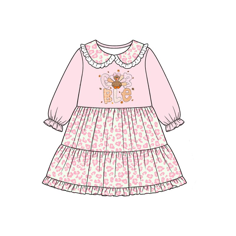 ( Moq 5 ) Preorder Baby Girls turkey Bows Pink Leopard Thanksgiving Knee Length Dress Clothes