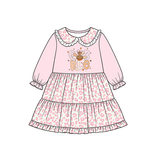 ( Moq 5 ) Preorder Baby Girls turkey Bows Pink Leopard Thanksgiving Knee Length Dress Clothes