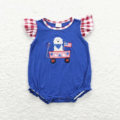 SR0749 Baby Boy Short Sleeves July 4th Embroidery Dog Cotton One Piece Romper