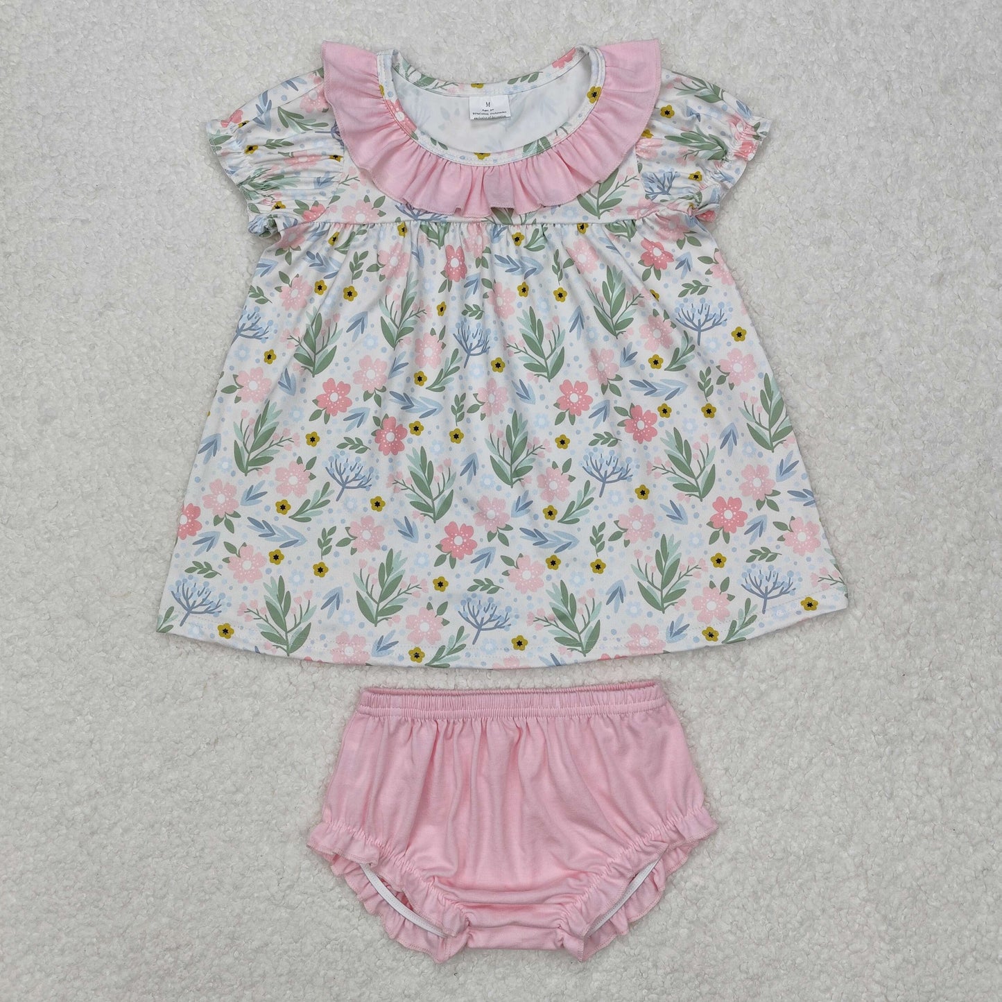 Baby Girl Short Sleeves Flower Ruffle Tops Pink Bummie Clothes Set