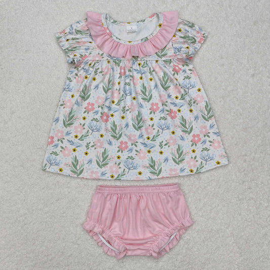 Baby Girl Short Sleeves Flower Ruffle Tops Pink Bummie Clothes Set