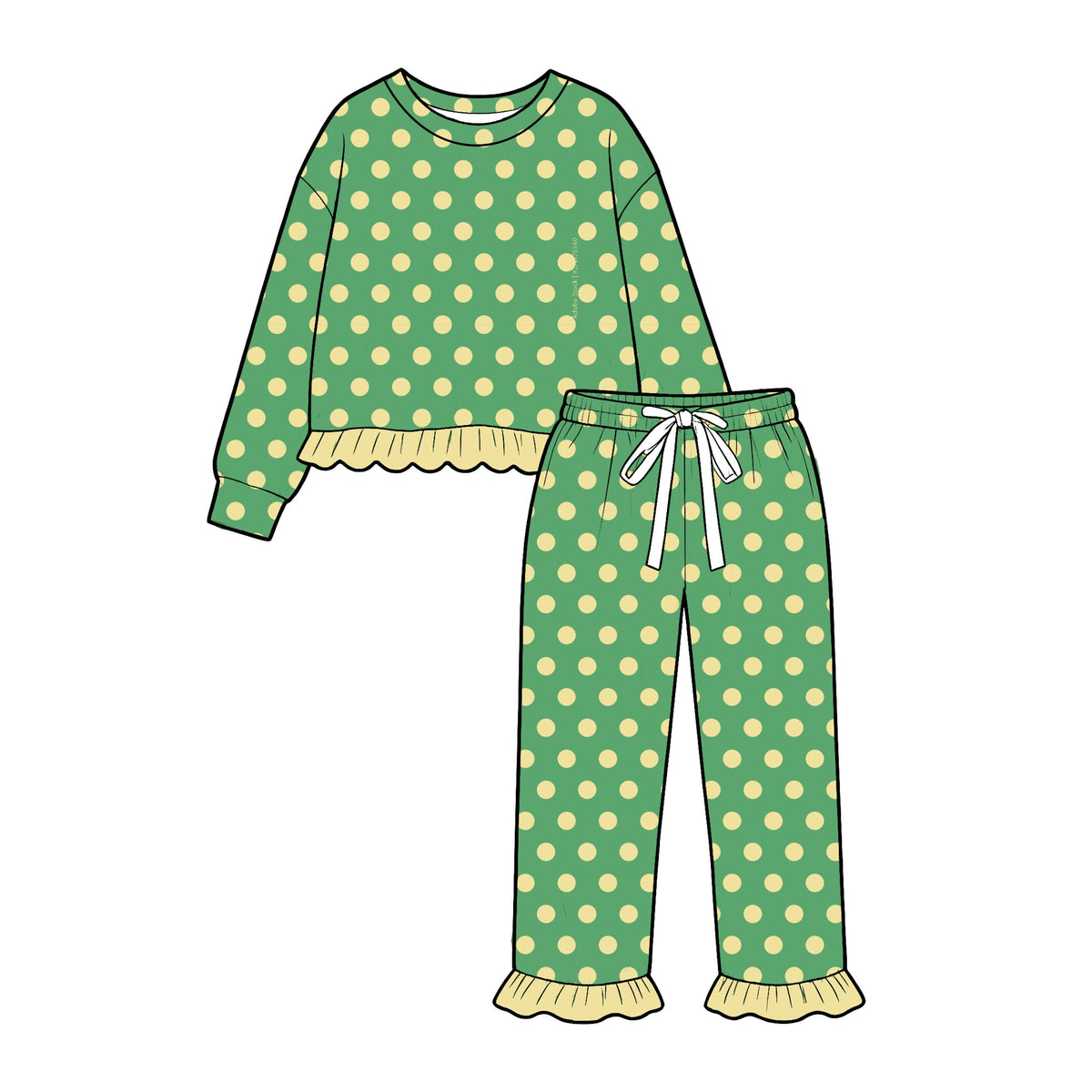 ( Moq 5 ) Preorder Baby Girls Toddler Long Sleeves Ruffle Shirt Dots Pants Set Green Clothes