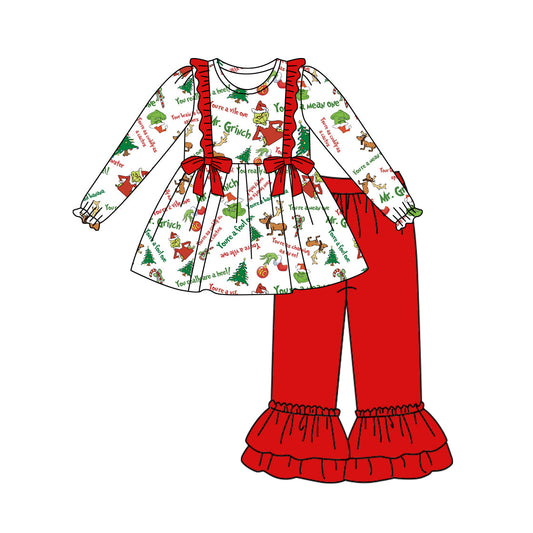 Baby Girl Christmas Deer Bows Tunic Red Ruffle Pants Clothes Set