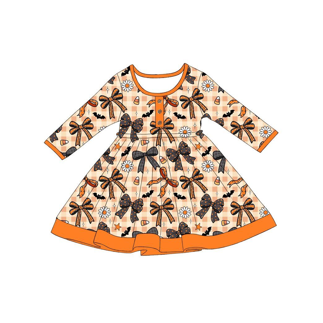 ( Moq 5 ) Preorder Baby Girls Kids Bows Candy Corn Plaid Halloween Knee Length Dress