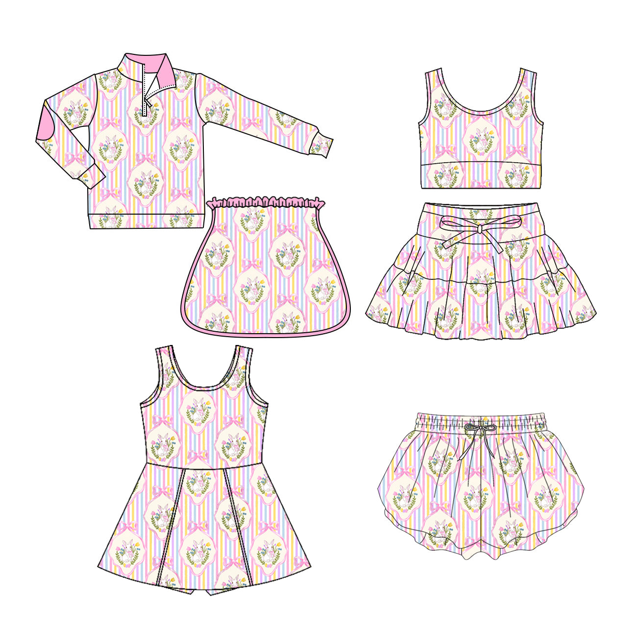 ( Moq 5 Each Style ) Sibling Baby Girls Kids Rabbits Bows Flower Stripes Shorts Dress Sets