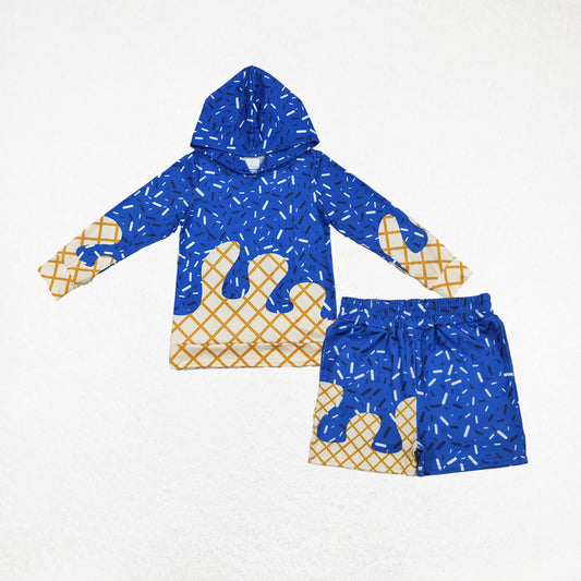 Kids Boys Long Sleeves Blue Drips Hoodie Team Shirt Pockets Shorts Set RTS
