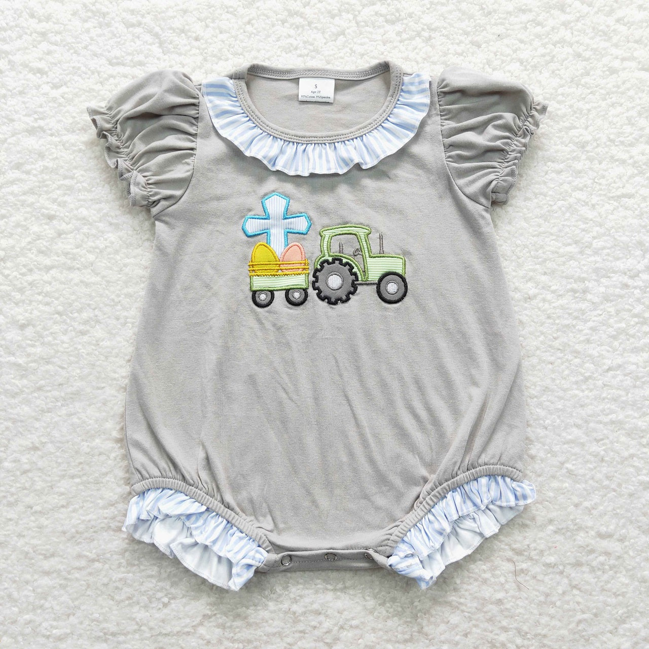 SR0490 Baby Boy Embroidery Easter Eggs Tractor One Piece Romper