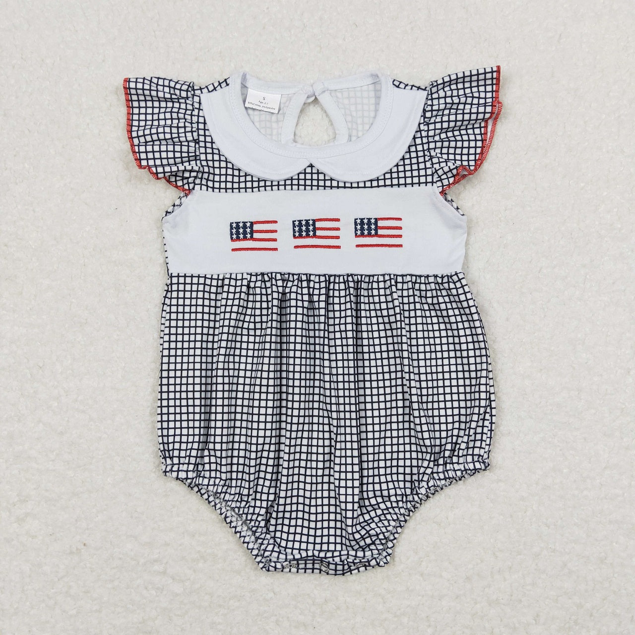 Baby Boy Sleeveless Embroidery Flags Plaid Romper