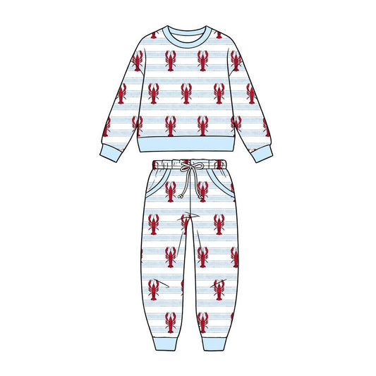 ( Moq 5 ) Preorder Baby Boys Kids Long Sleeves Crayfish Stripes Shirt Pockets Pants Set Clothes