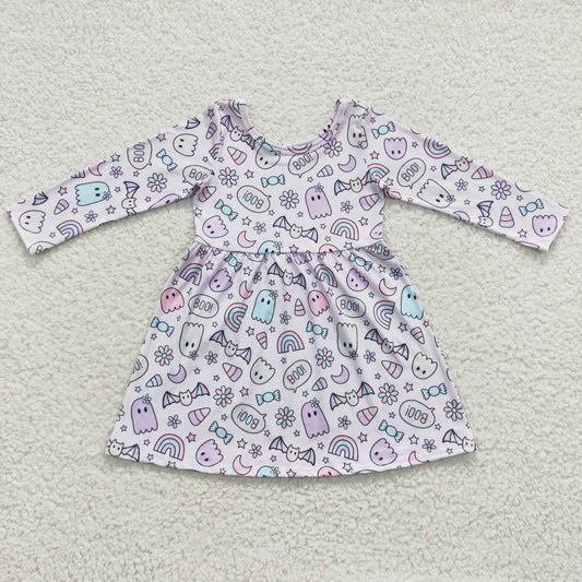 GLD0295 Baby Girl Long Sleeves Halloween Ghost Floral Purple Dress