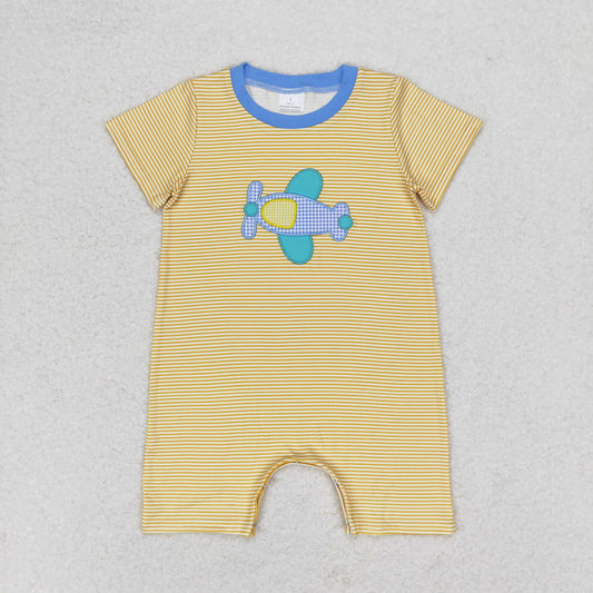 Baby Boy Short Sleeves Embroidery Plane Stripes Romper