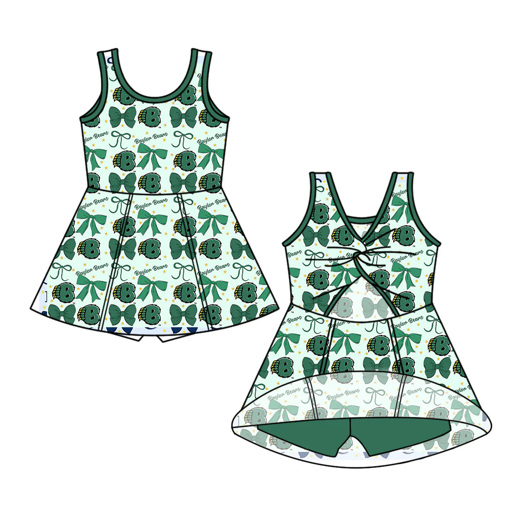 ( Moq 5 each style ) Baby Boy Girl Toddler Team Green Bows Sibling Shirt Dress Set 6.21