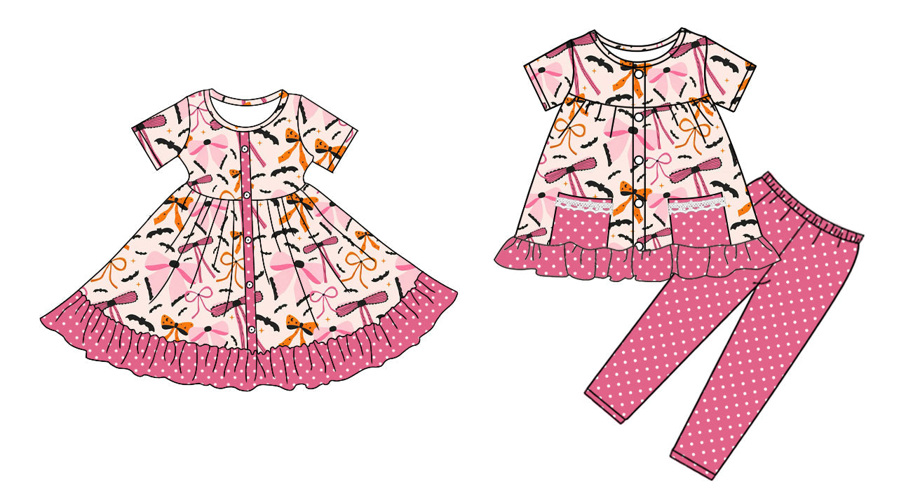 ( Moq 5 Each Style ) Baby Girl Short Sleeves Bats Bows Halloween Sibling Dress Set 4.25
