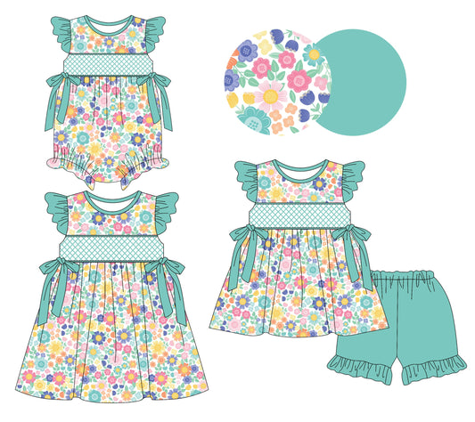Baby Girl Short Sleeves Flower Green Bows Sibling Romper Dress Set ( Moq 5 Each Style ) 3.8