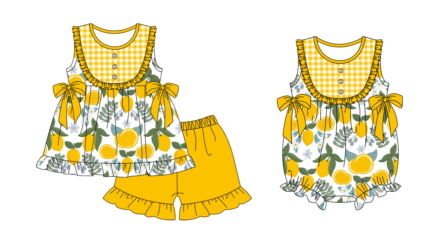 Baby Girl Lemon Bows Sibling Summer Romper Set ( Moq 5 Each Design )