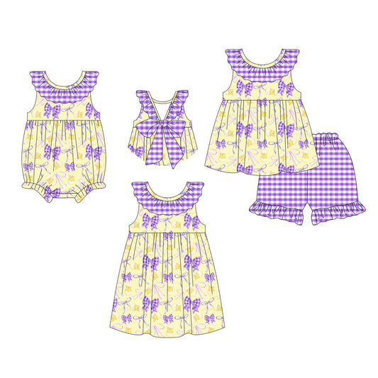 ( Moq 5 Each Style ) Baby Girls Kids Chicks Bows Purple Plaid Sibling Easter Romper Dress Set