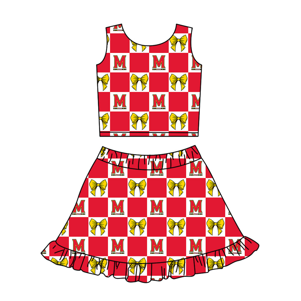 ( Moq 5 Each Style ) Baby Girls Kids Toddler Bows M Red Plaid Tops Shorts Ruffle Skirt Team Set
