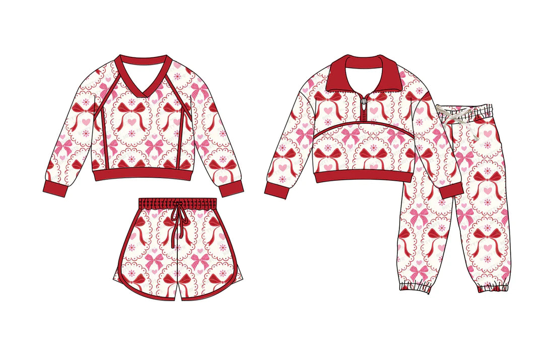( Moq 5 Each Style ) Sibling Baby Girls Hearts Bows Long Sleeves Zipper Shirt Shorts Pants Valentine Sets