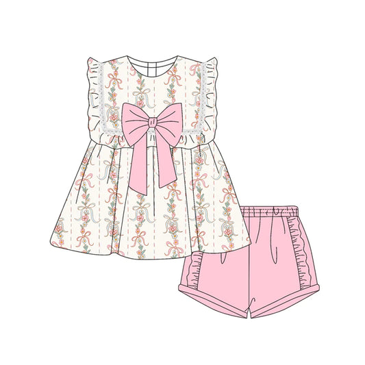 Baby Girl Sleeveless Bows Floral Stripe Tunic Pink Ruffle Shorts Set ( Moq 5 )