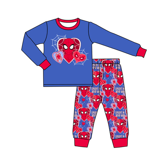 Baby Boy Toddler Valentine Hearts Cartoon Blue Shirt Pants Pajamas Set