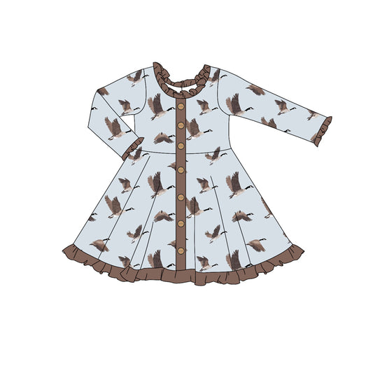 Baby Girl Long Sleeves Ducks Buttons Knee Length Dress