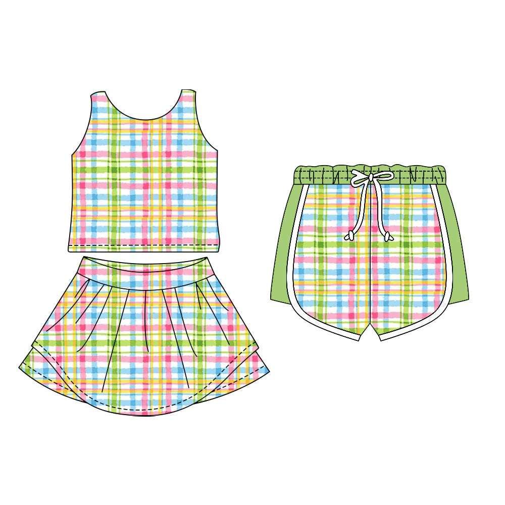 ( Moq 5 Each Style ) Sibling Baby Girls Sleeveless Plaid Tops Green Shorts Skirt Set
