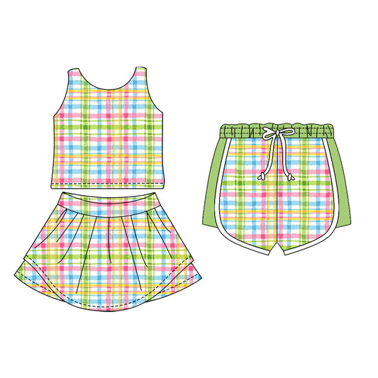 ( Moq 5 Each Style ) Sibling Baby Girls Sleeveless Plaid Tops Green Shorts Skirt Set