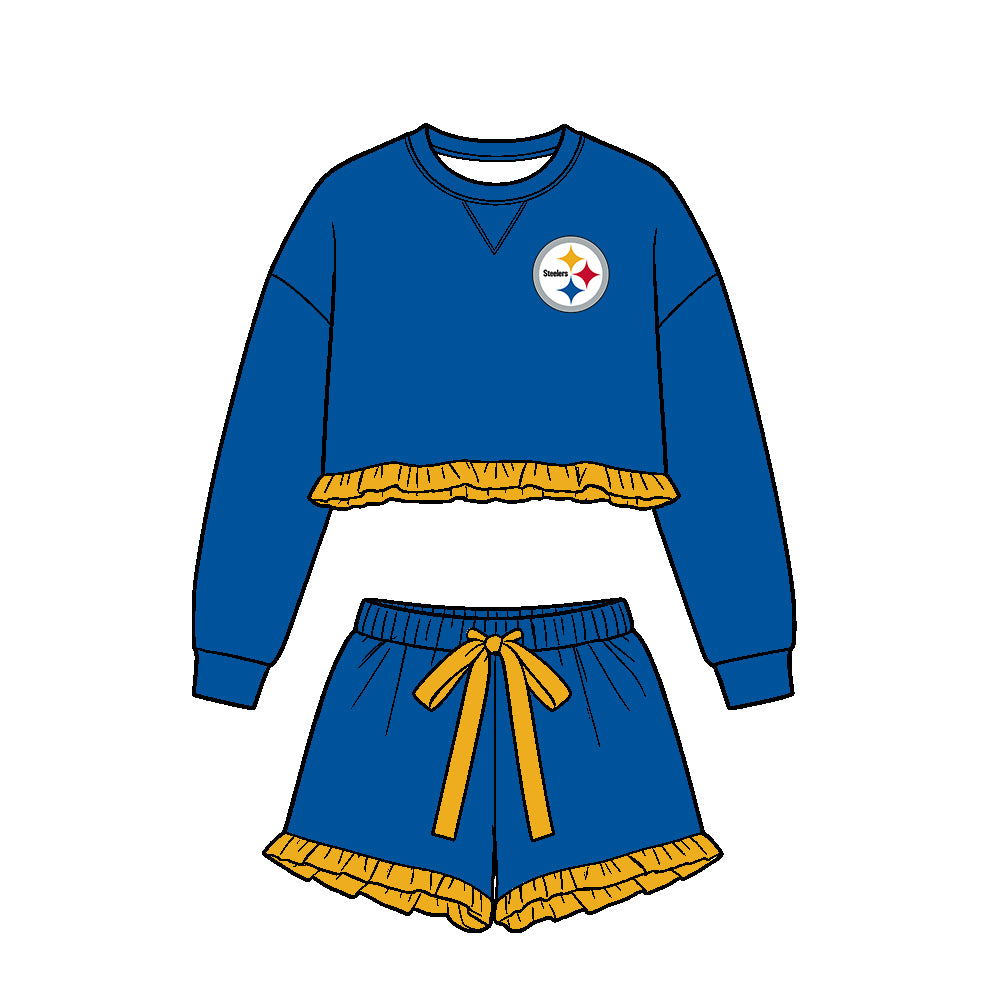 ( Moq 5 ) Baby Girls Kids Long Sleeves Ruffle Shirt Shorts Team Set Clothes