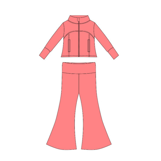 ( Moq 10 ) Baby Girl Watermelon Long Sleeves Pockets Zipper Tops Bell Bottom Pants Set