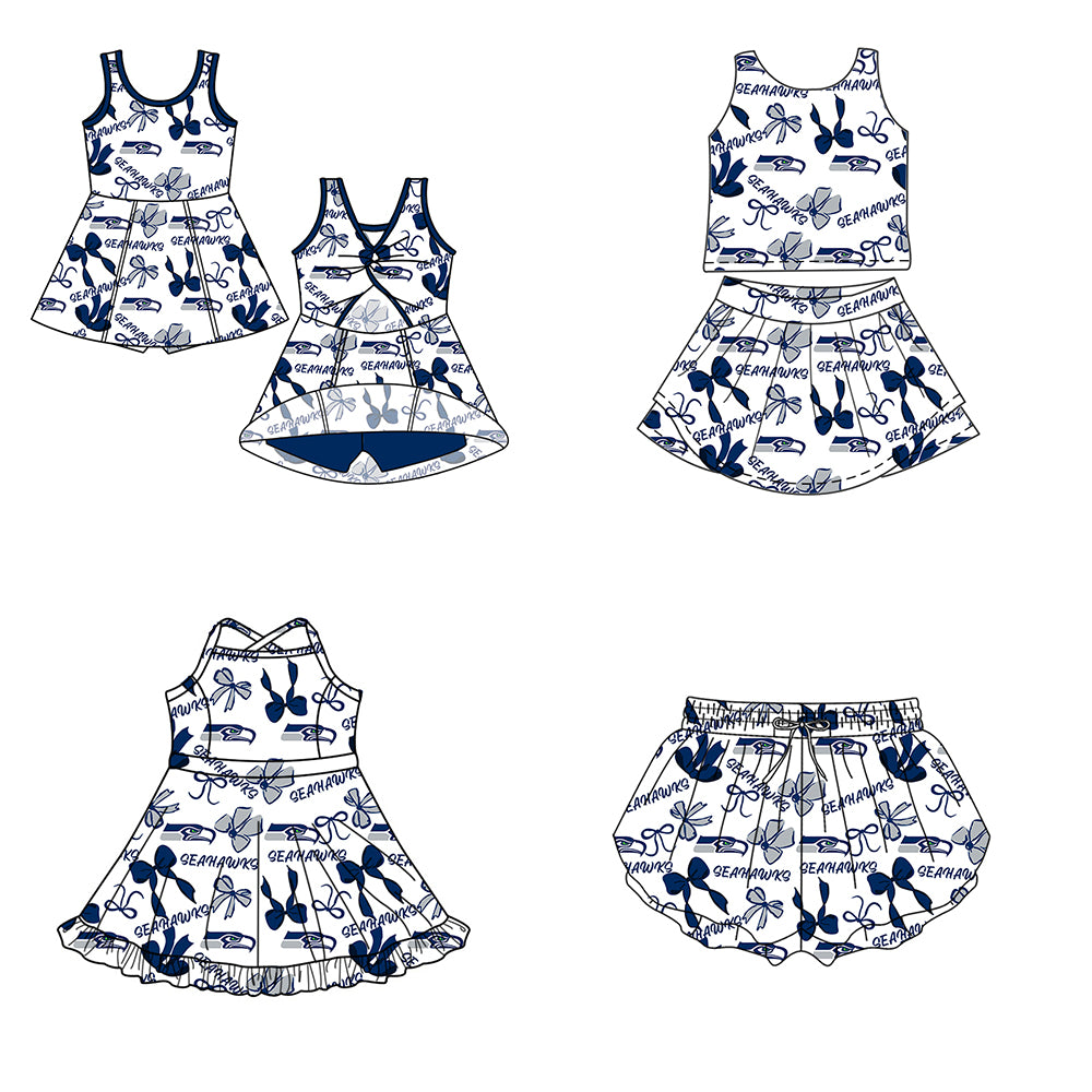 ( Moq 5 Each Style ) Baby Girls Toddler Blue Bows Team Sibling Shorts Dresses Set Summer Clothes