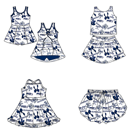 ( Moq 5 Each Style ) Baby Girls Toddler Blue Bows Team Sibling Shorts Dresses Set Summer Clothes