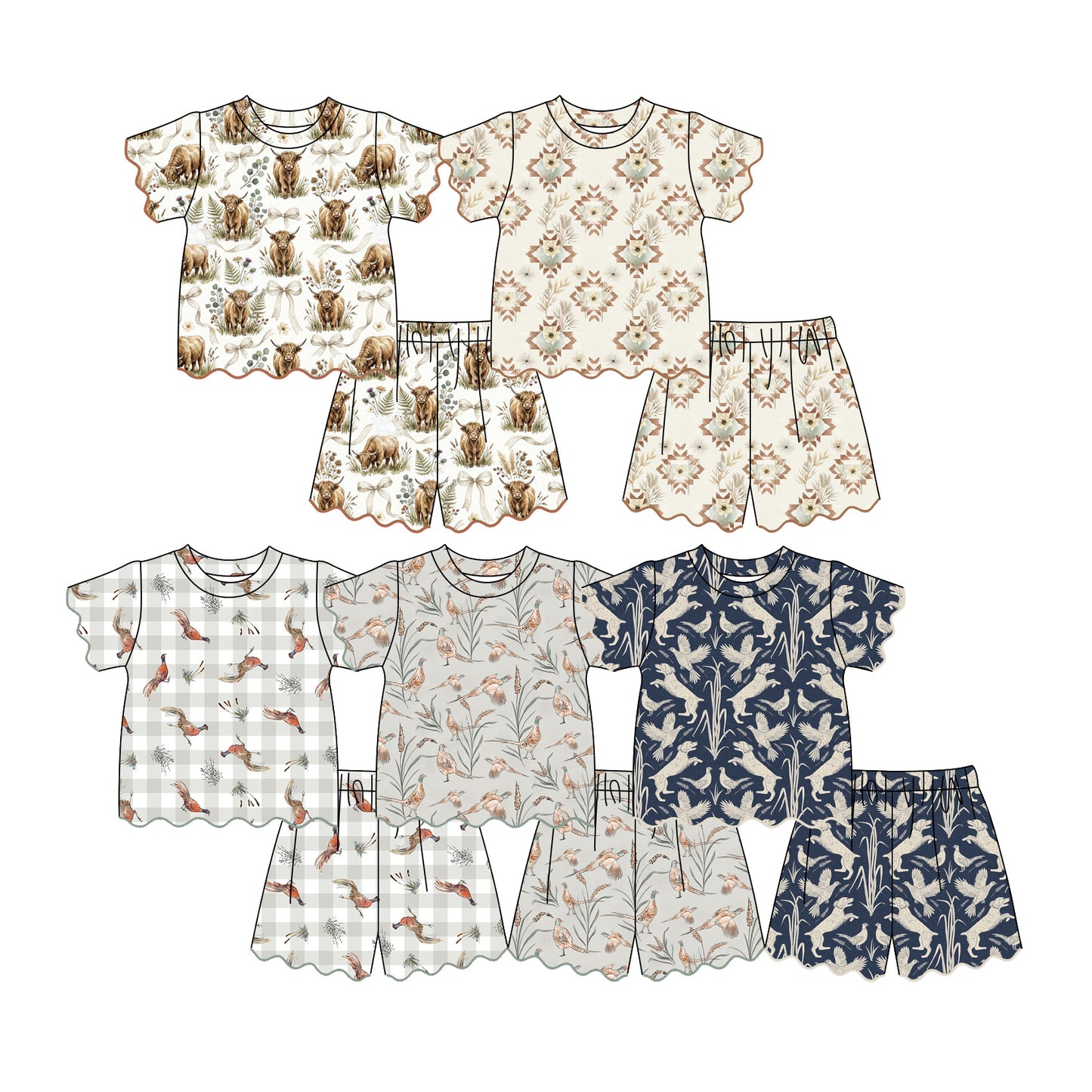 ( Moq 30 Each Style ) Sibling Baby Girls Kids Short Sleeves Ducks Dogs Shirts Scallop Shorts Sets