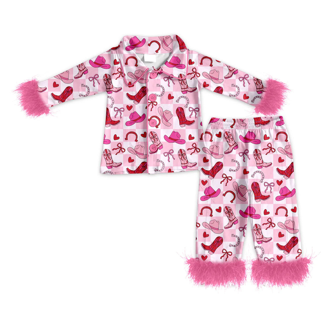 ( Moq 5 ) Baby Girls Fur Long Sleeves Bows Boots Buttons Shirt Pants Pink Pajamas Valentine Set