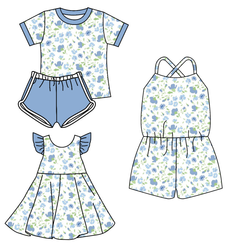 Baby Girl Summer Blue Flower Sibling Jumpsuit Dress Set ( Moq 5 Each Style ) 3.13