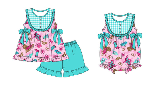 Baby Girl Western Boots Sibling Summer Romper Clothes Set ( Moq 5 Each Design )11.21