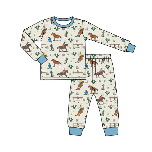 Baby Boy Long Sleeves Western Rodeo Cactus Shirt Pants Pajamas Blue Set