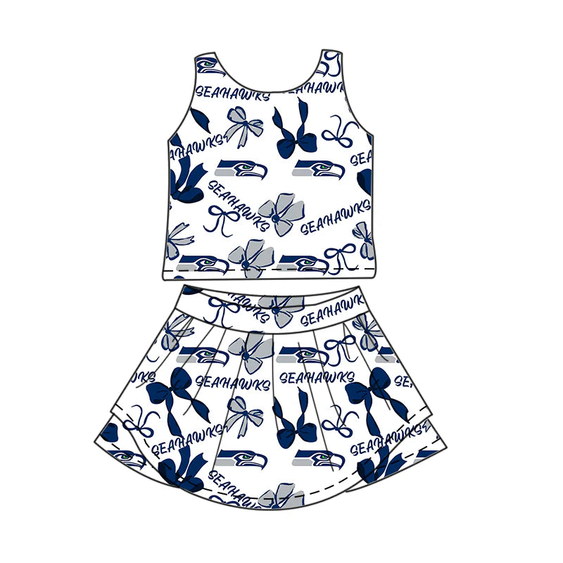 ( Moq 5 each style ) Baby Girl Toddler Team Blue Bows Sibling Skort Dress Set 6.6